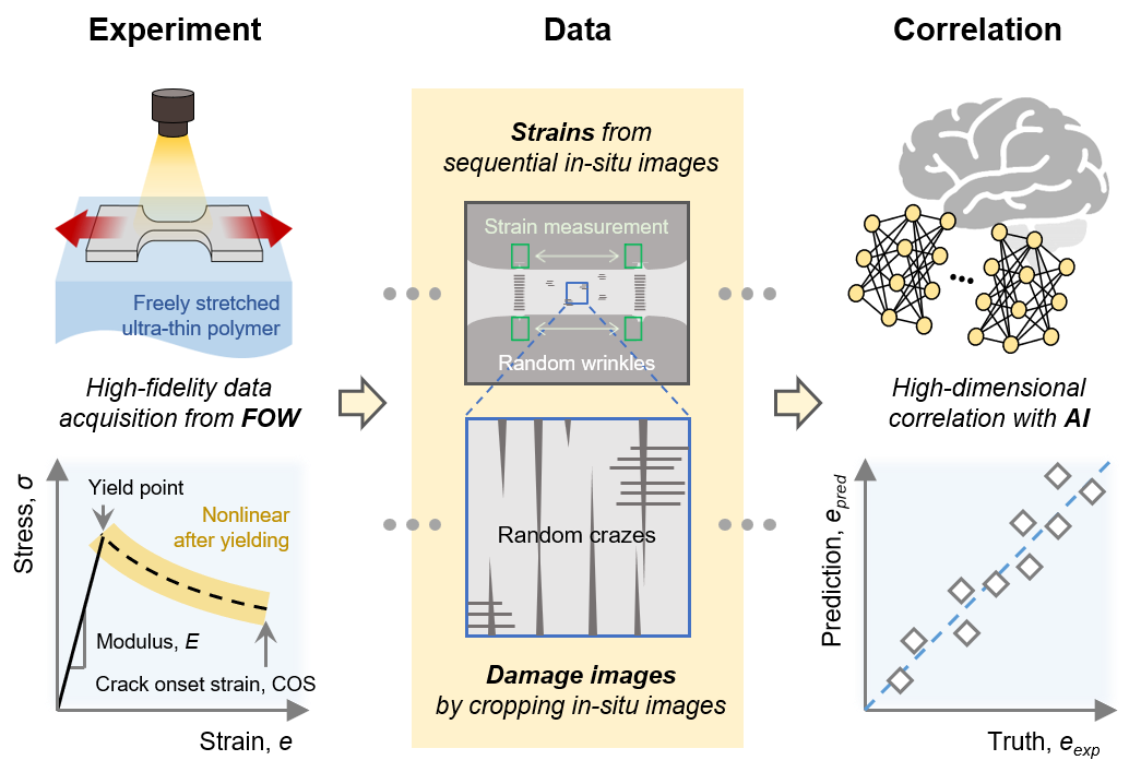 Knowledge-guided strain-damage image correlation for diagnosing nonlinear mechanical behavior of freely stretched ultra-thin polymer films on water surface